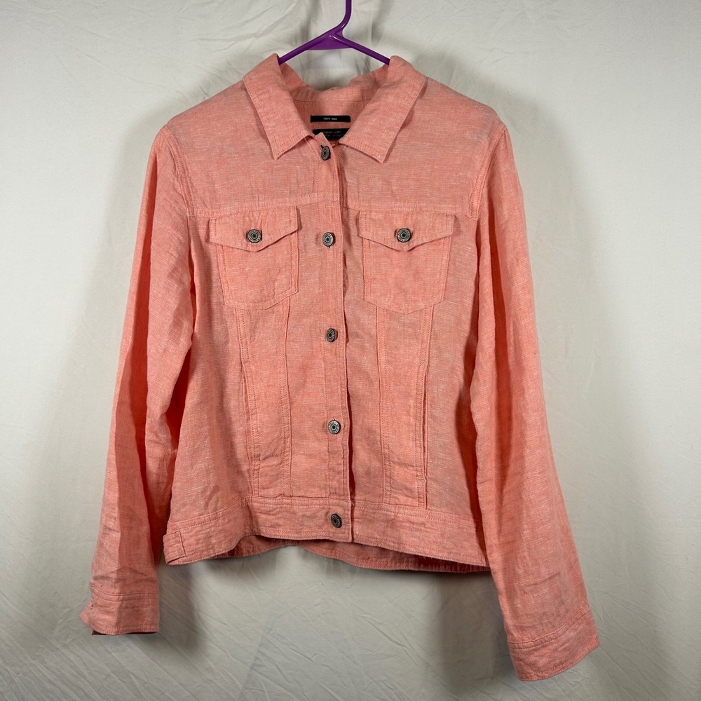 Jones New York JNY Pink 100% Linen Trucker Jacket European Grown Flax Womens L